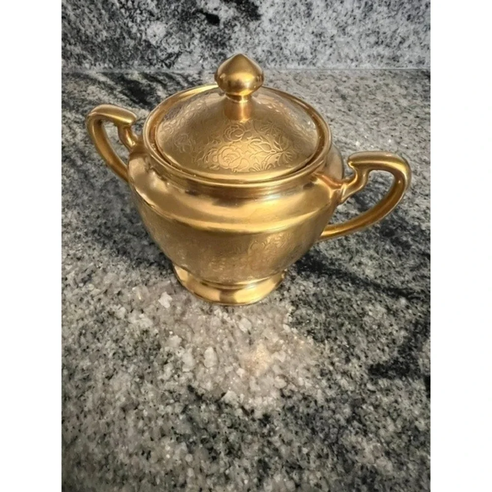 Vintage Pickard Gold Etched Sugar Bowl and Lid Rose & Daisy Pattern Art Deco 24K